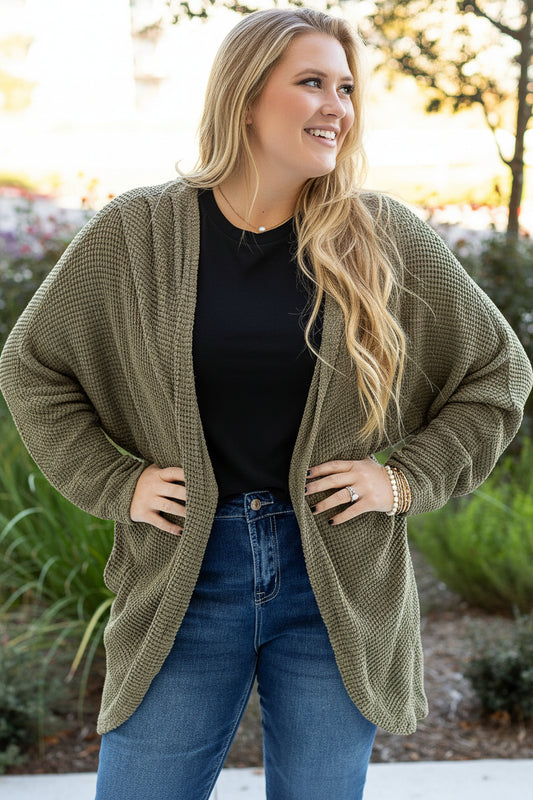 Seagrass Waffle Knit Drop Shoulder Open Front Pocketed Plus Size Cardigan