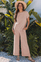 Blue Solid Corded Knit Short Sleeve T Shirt and Wide Leg Pants Set