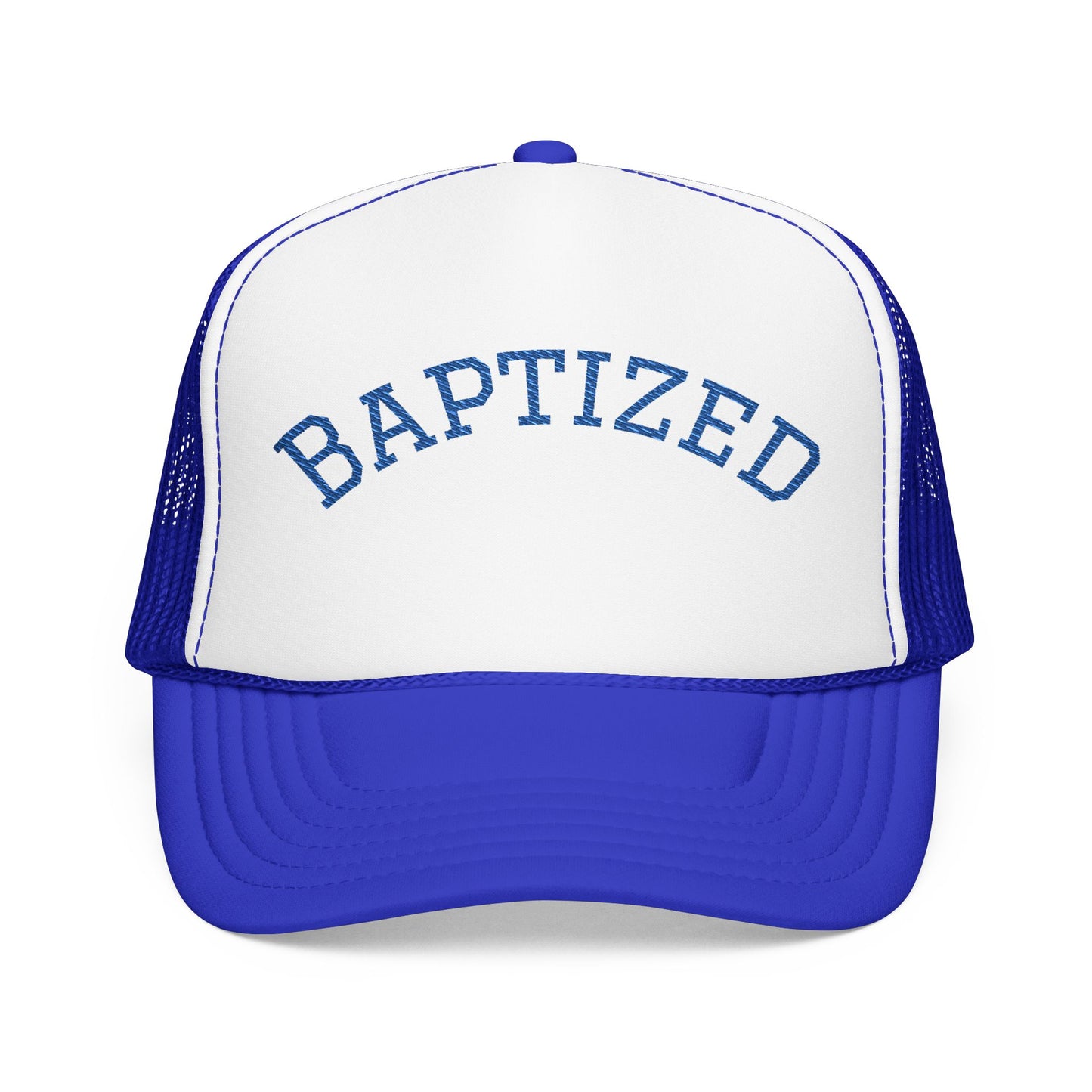 Baptized Foam Trucker Hat — Navy Mesh Christian Cap