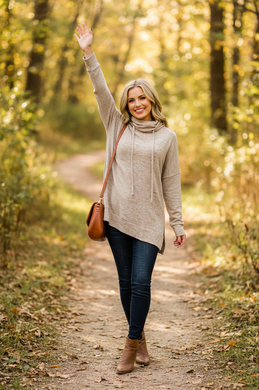 Apricot Drawstring Cowl High Neck Long Sleeve Split Top