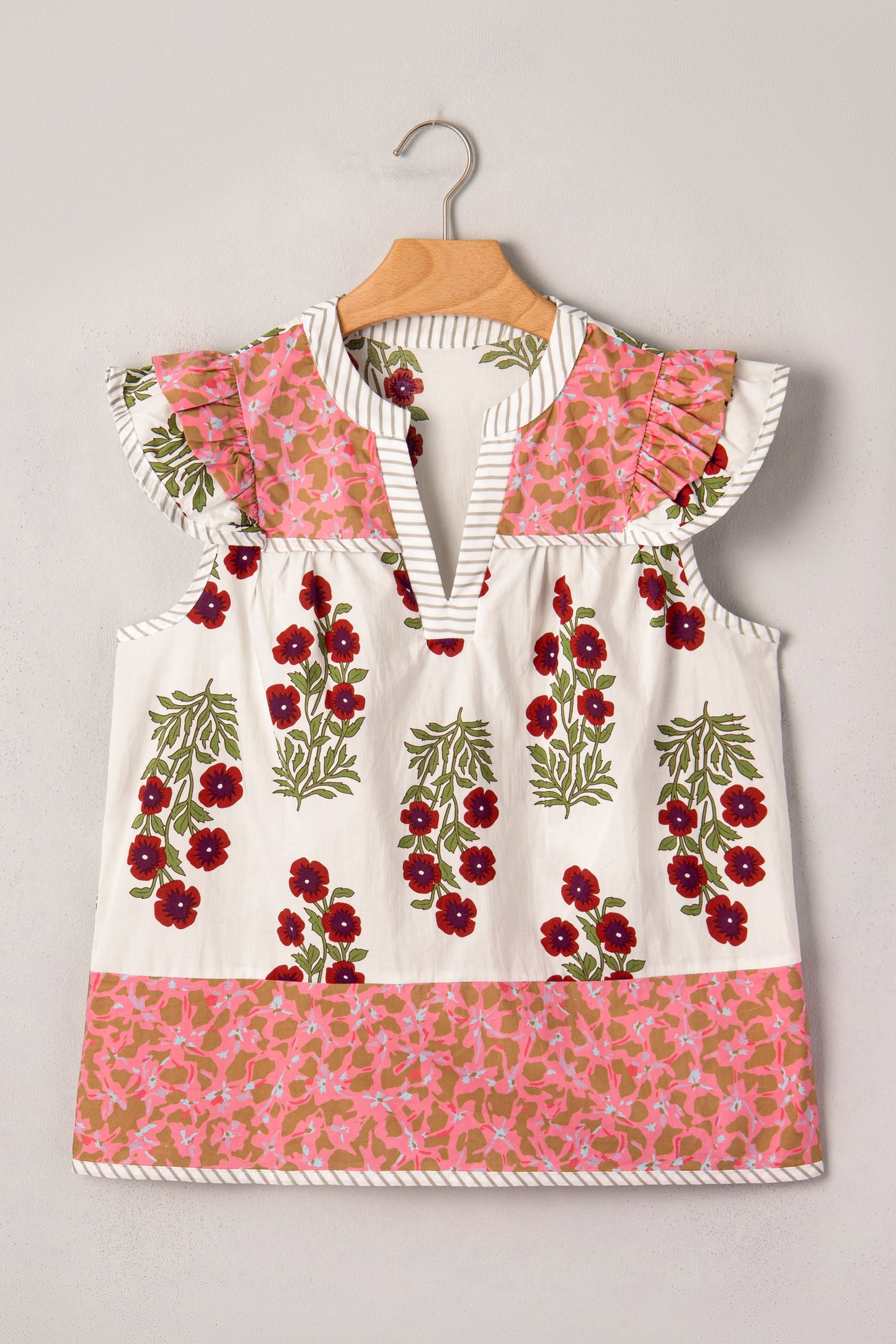 Floral Contrast Stripe Trim Flutter Sleeve Blouse