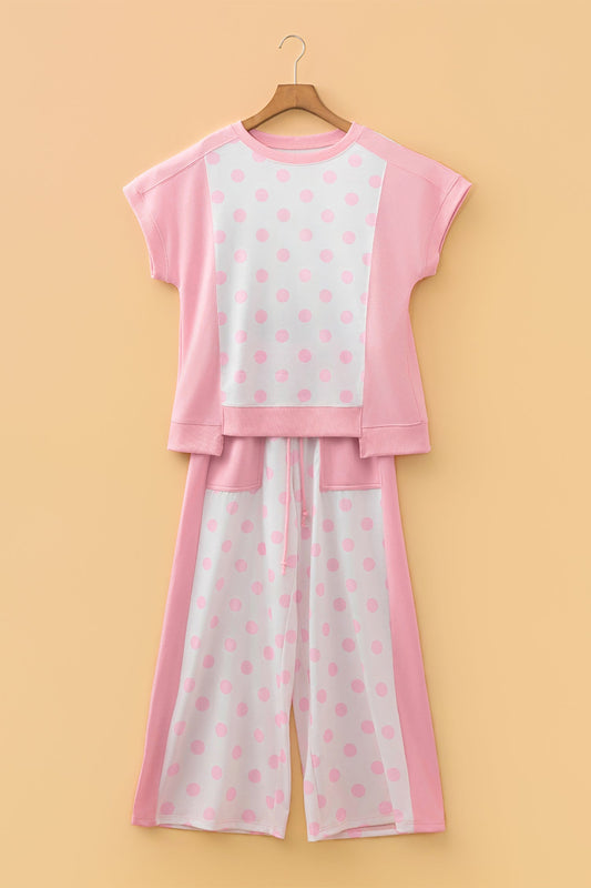Polka Dot Patchwork Top & Wide Leg Pants Set