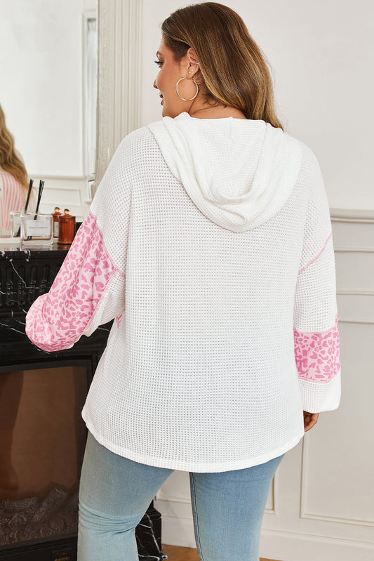 Plus Size Stripe Leopard Patchwork Waffle Knit Buttoned Hoodie