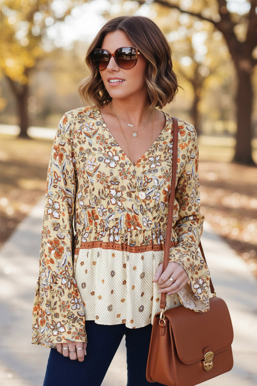 Yellow Printed Floral Bell Sleeve V Neck Wrapped Contrast Peplum Blouse