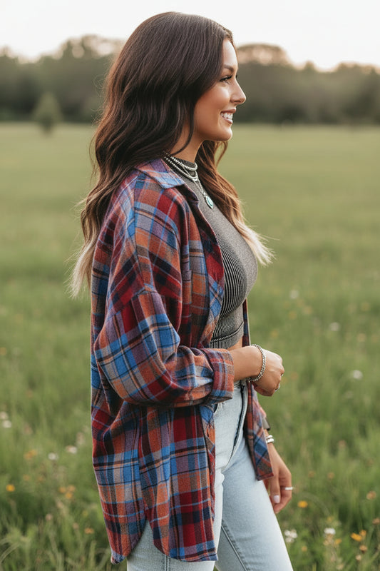 Orange Plaid Print Loose Vintage Shirt