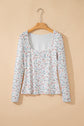 Floral Textured Square Neck Slim Fit Long Sleeve Top