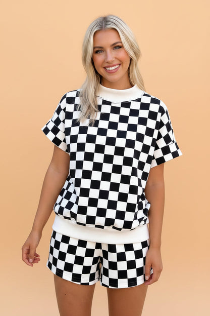 Checker Colorblock Mock Neck Top & Short Set