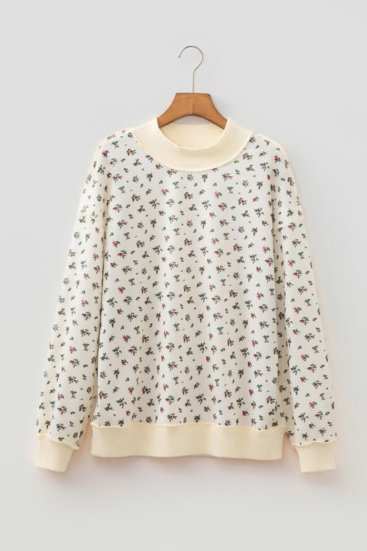 Grandmillenial Floral Ribbed High Neck Exposed Hem Baggy Sweatshirt
