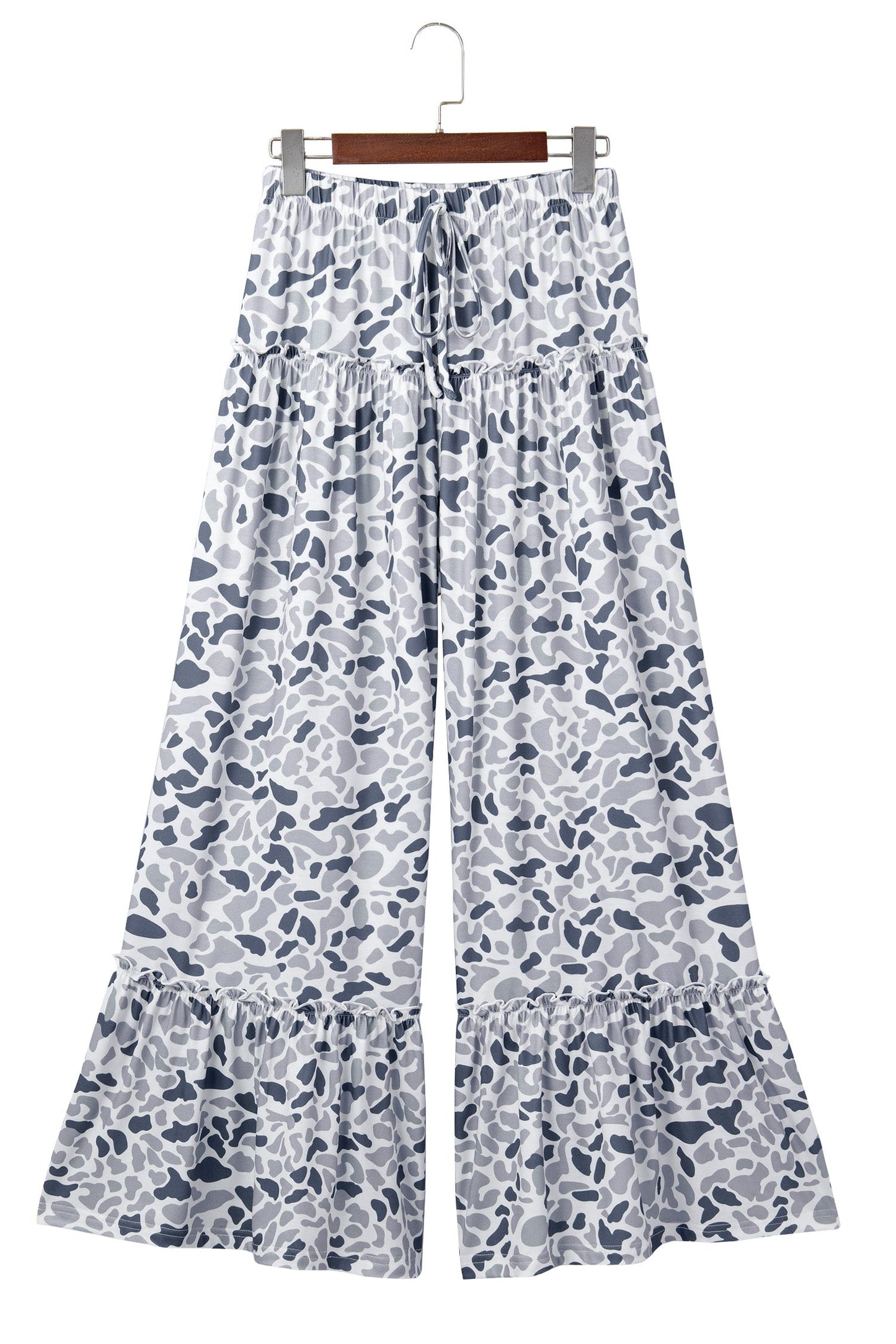Camo Ruffle Wide Leg Drawstring Pants