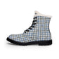 Plaid Fur-Lined Leather Boots — Women's Cozy Blue Check Winter Boots