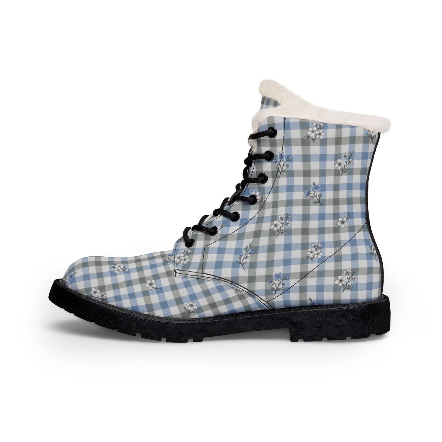 Plaid Fur-Lined Leather Boots — Women's Cozy Blue Check Winter Boots