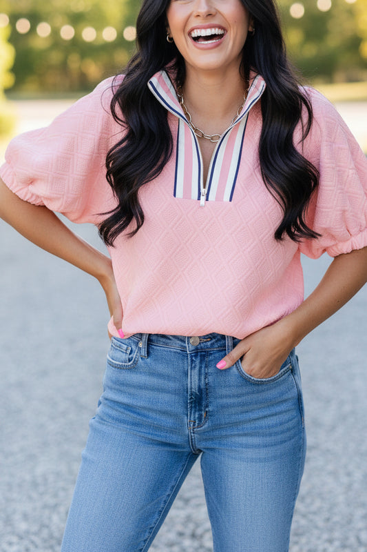 Light Pink Contrast Striped Collar Patchwork Textured Half Sleeve Blouse