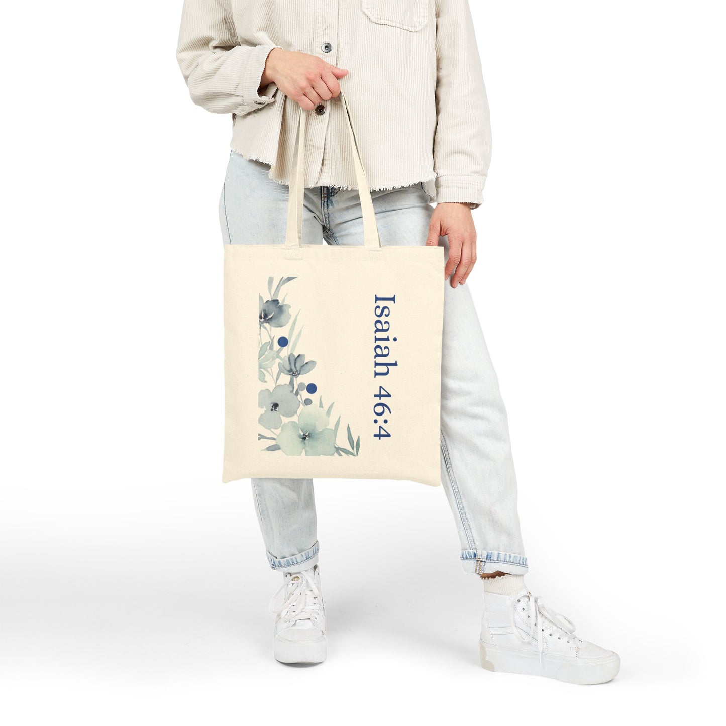 Isaiah 46:4 Floral Canvas Tote — Christian Scripture Reusable Grocery Bag