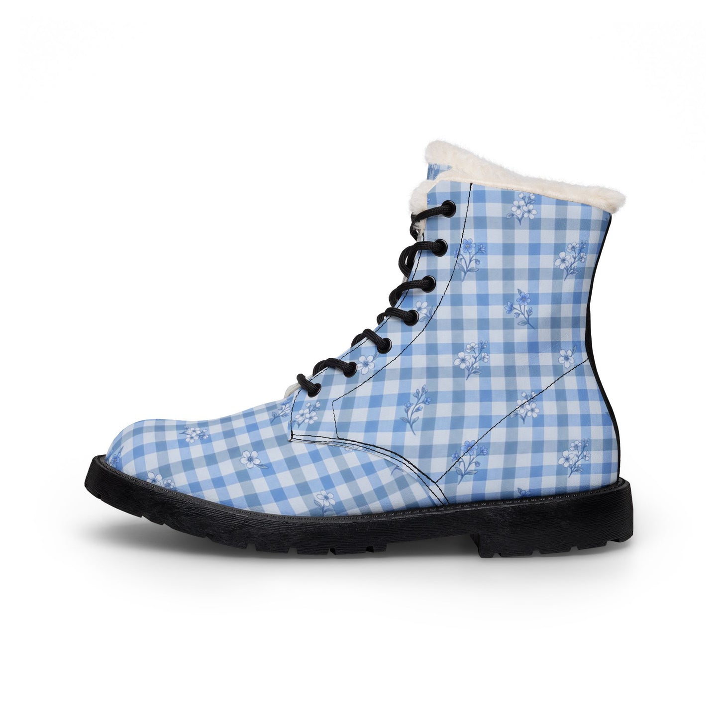 Plaid Faux Fur-Lined Leather Boots — Women's Cozy Blue Gingham Winter Boots