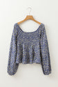 Blue Boho Floral Print Smocked Square Neck Loose Fit Blouse