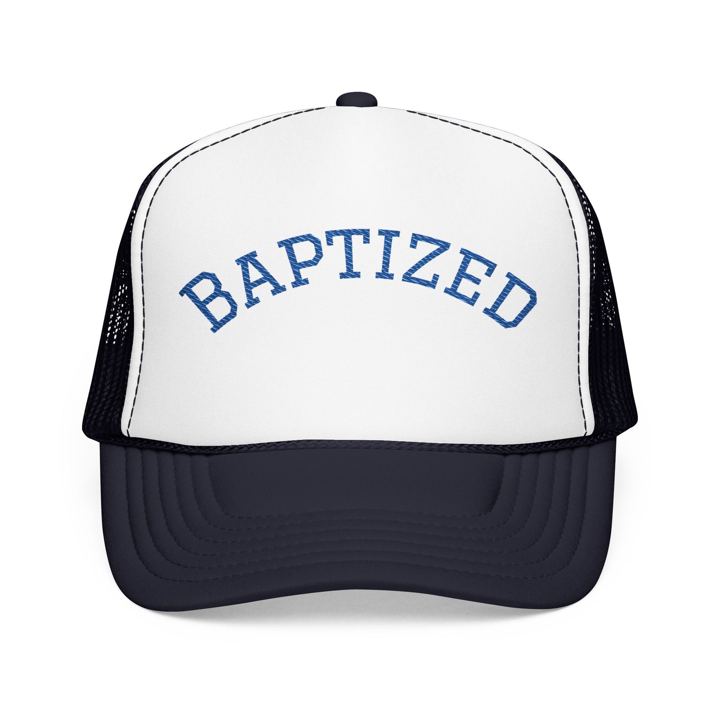 Baptized Foam Trucker Hat — Navy Christian Faith Baseball Cap