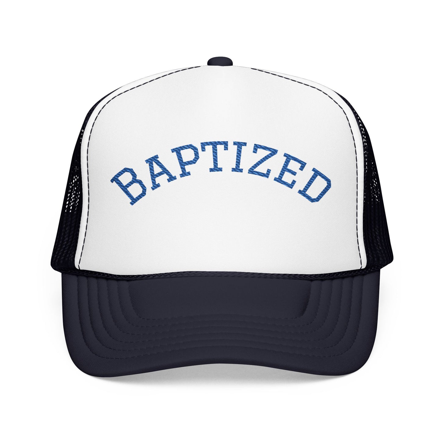 Baptized Foam Trucker Hat — Navy Mesh Christian Cap