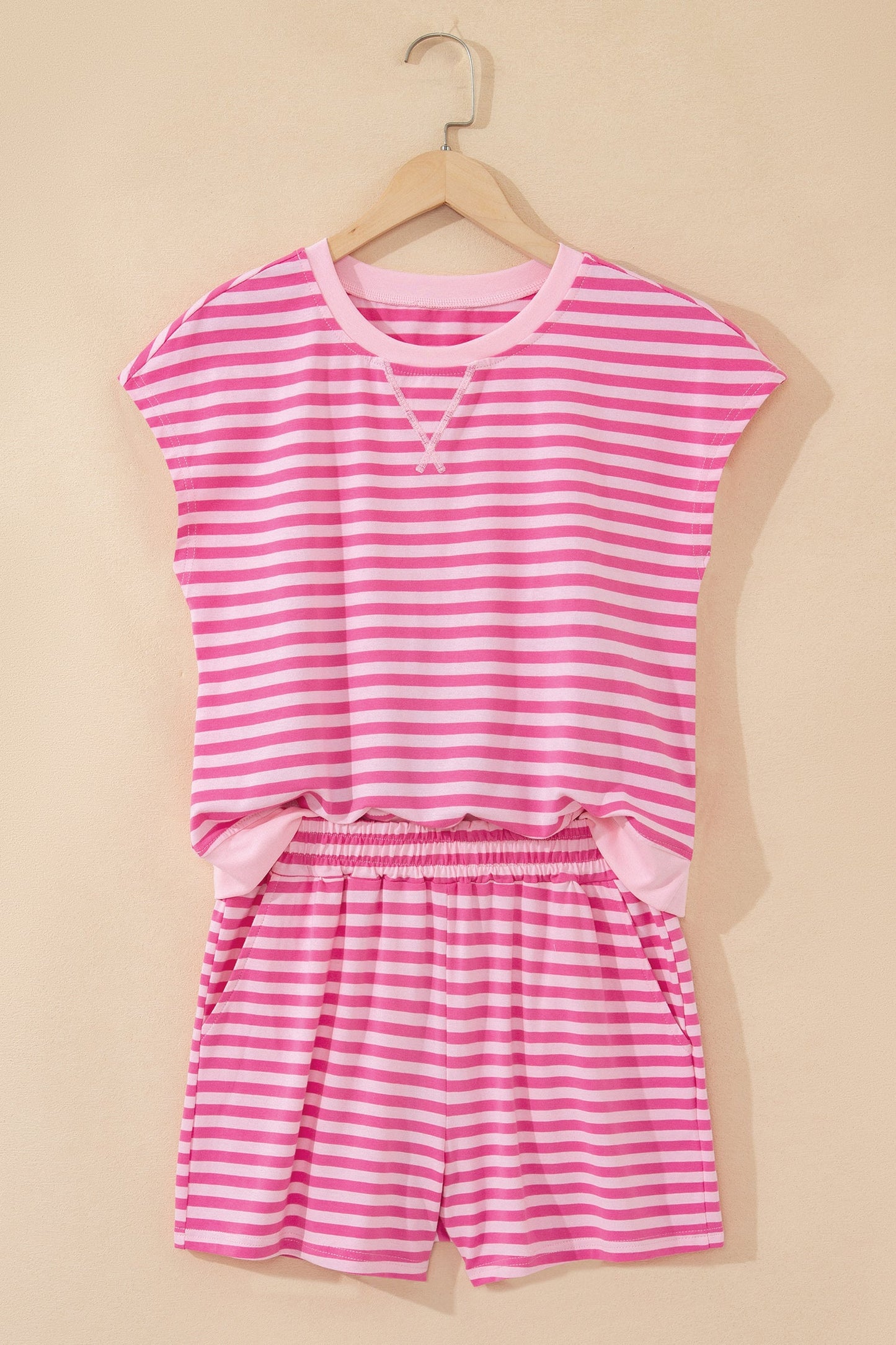 Stripe Cap Sleeve Tee & Elastic Waist Shorts Set