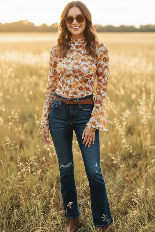 Orange Floral Printed Bell Sleeve Mock Neck Scallop Trim Blouse