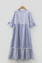Stripe Patchwork Lace Trim 3/4 Sleeve Maxi Dress