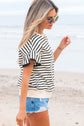 Black Stripe Scallop Lace Trim Ruffle Short Sleeves Crewneck Top