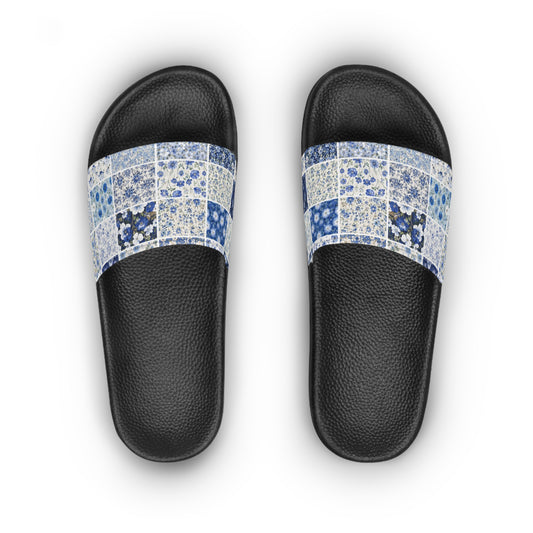 Tile Pattern Women's Slide Sandals — Blue Mosaic Pool & Beach Slides