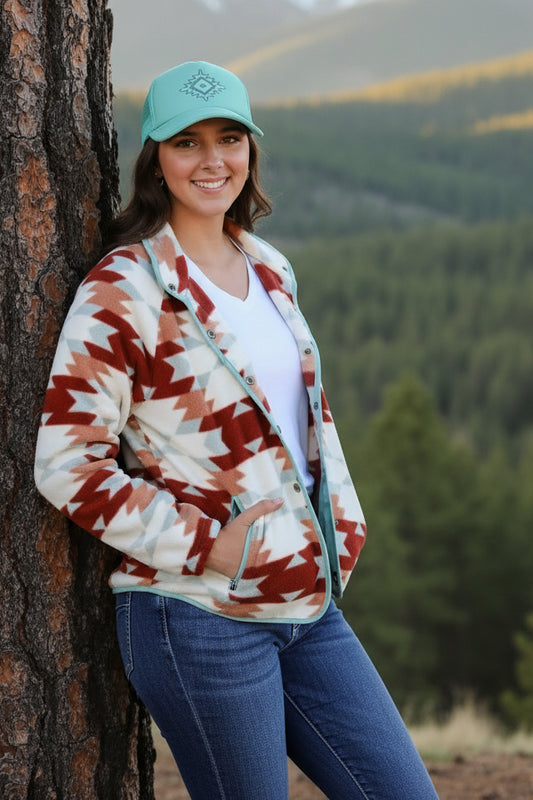 Fiery Red Western Aztec Buttoned Zipper Pockets Fleece Jacket