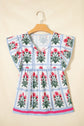 Floral Flutter Sleeve Split V-Neck Top