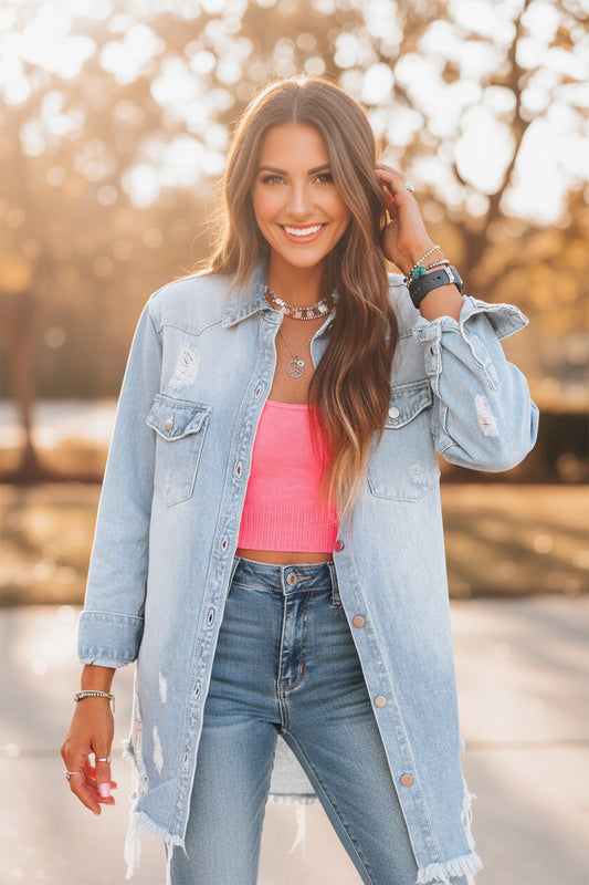 Beau Blue Mineral Wash Distressed Frayed Long Denim Jacket