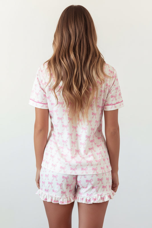 Pink Bowknot Printed Short Sleeve and Ruffled Shorts Pajama Set
