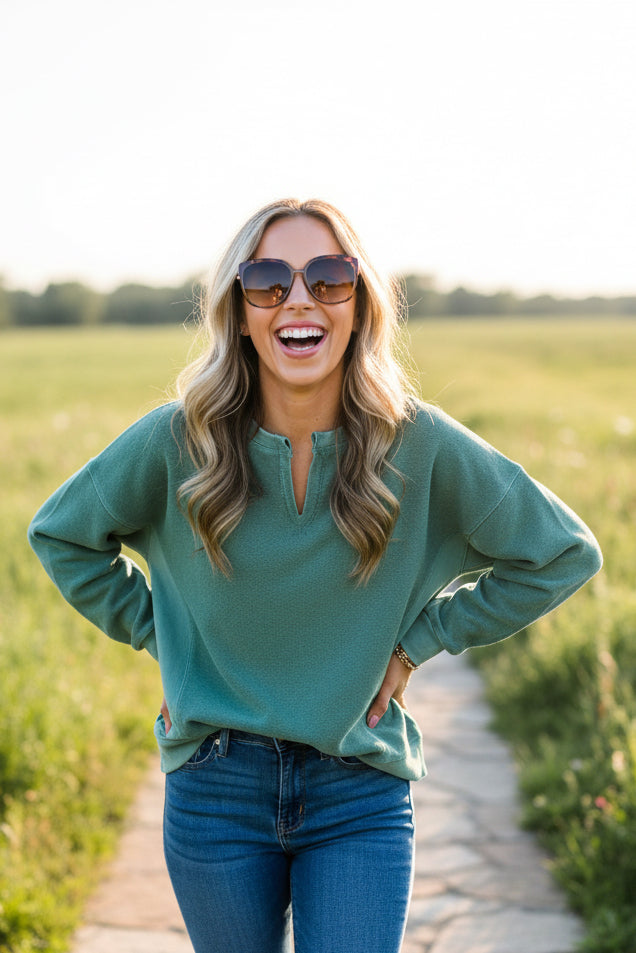 Skobeloff Solid Color Notched Neck Drop Shoulder Sweatshirt