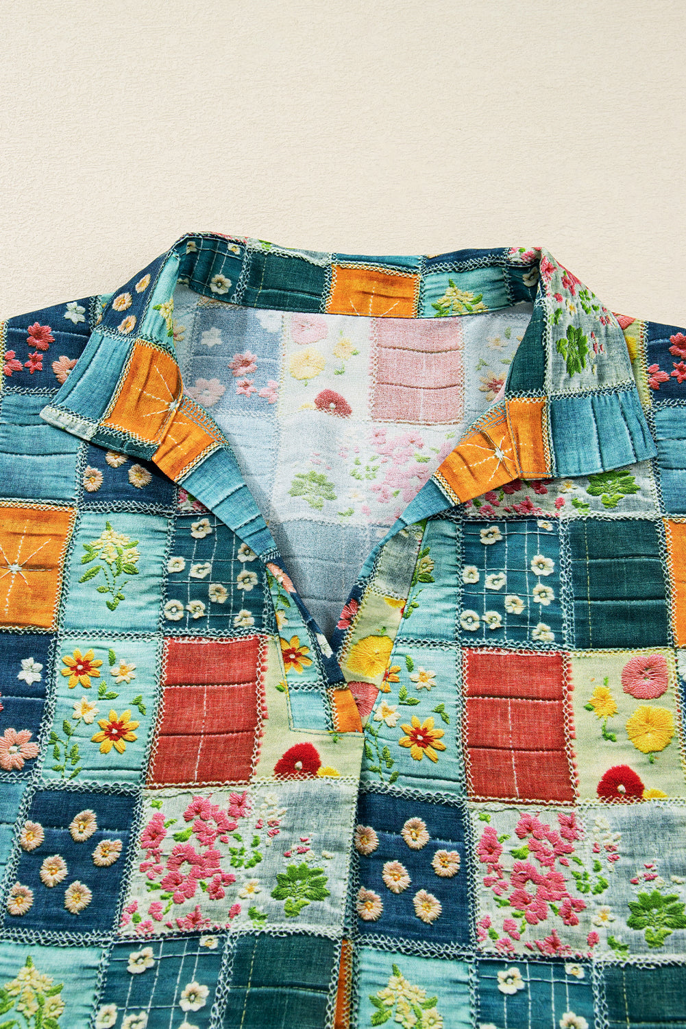 Floral Patchwork Long Sleeve Collared V-Neck Blouse