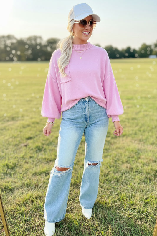 Pink Raw Edge Ribbed Detail Drop Shoulder Sweater