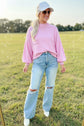Pink Raw Edge Ribbed Detail Drop Shoulder Sweater