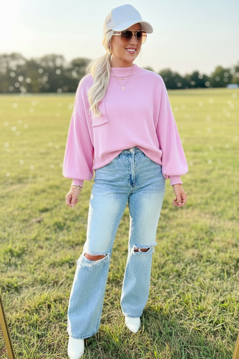 Pink Raw Edge Ribbed Detail Drop Shoulder Sweater