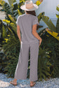 Blue Solid Corded Knit Short Sleeve T Shirt and Wide Leg Pants Set