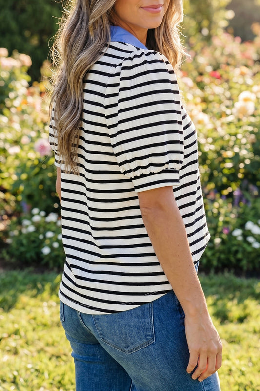 Black Stripe Short Puff Sleeve Color Block Polo Collar Blouse