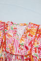 Floral Stripe Tie Neck Puff Sleeve Mini Dress