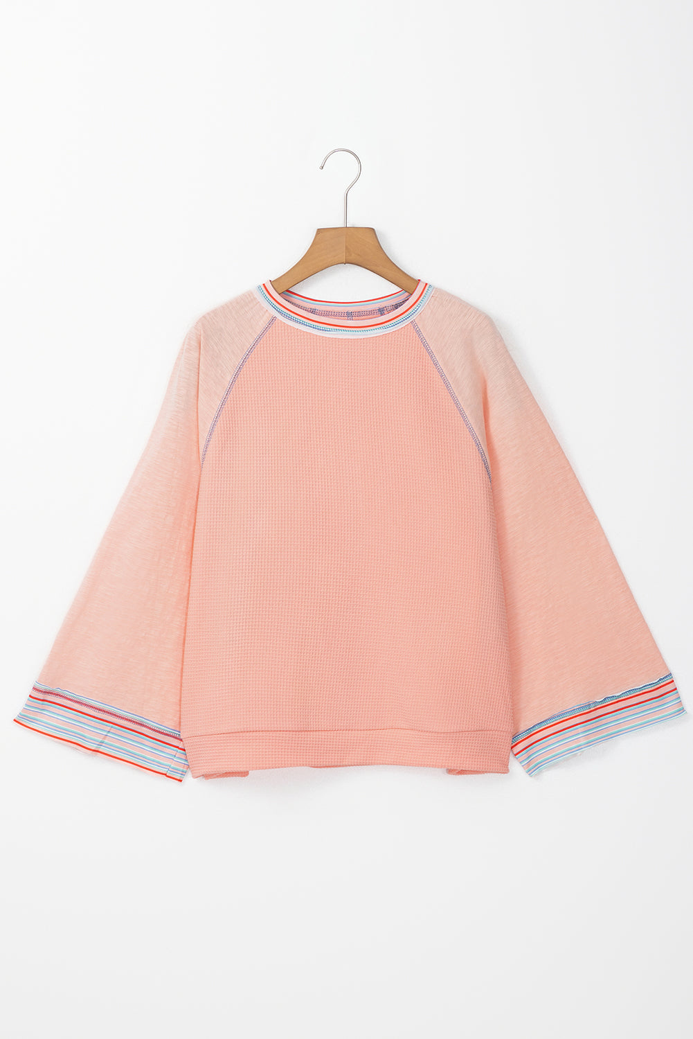 Meadow Mist Green Waffle Knit Wide Bracelet Sleeve Patchwork Raglan Top