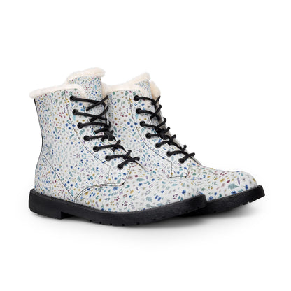 Floral Fur-Lined Leather Boots — Women's Cozy Winter Lace-Up Boots