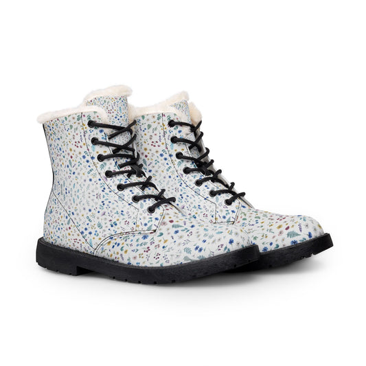 Floral Fur-Lined Leather Boots — Women's Cozy Winter Lace-Up Boots