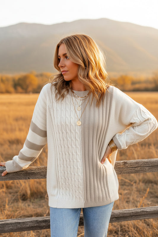Khaki Cable Knit Colorblock Crew Neck Drop Shoulder Sweater