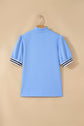 Stripe Trim Split Neck Puff Sleeve Textured Top