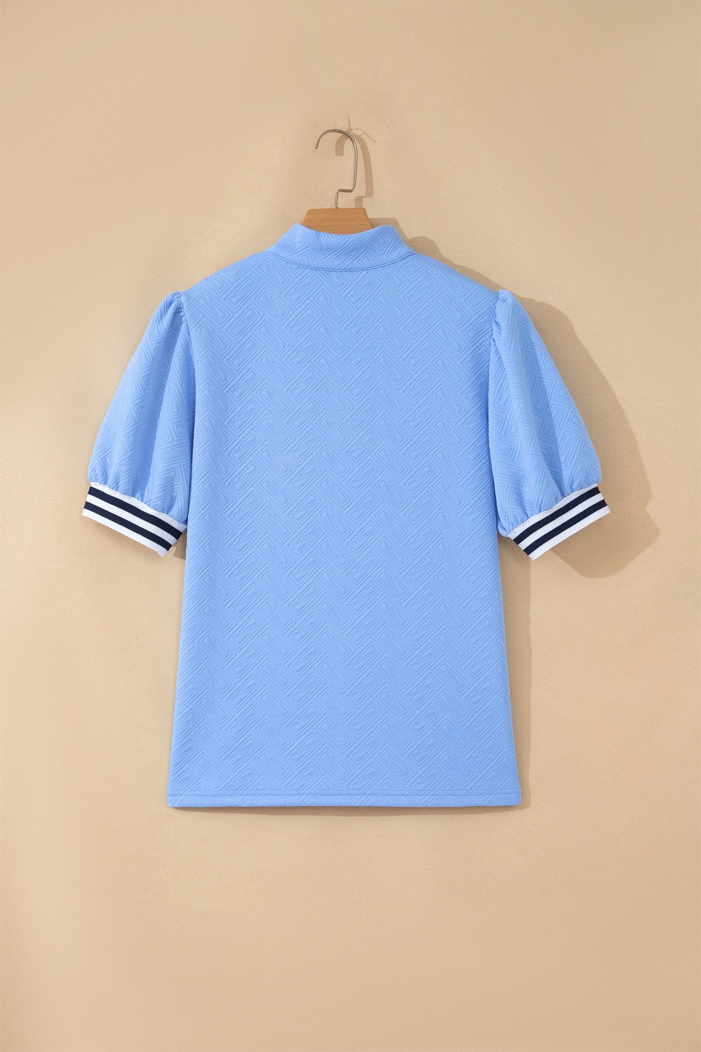 Stripe Trim Split Neck Puff Sleeve Textured Top