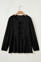 Plus Size Solid Bow Tie Front Long Sleeve Blouse