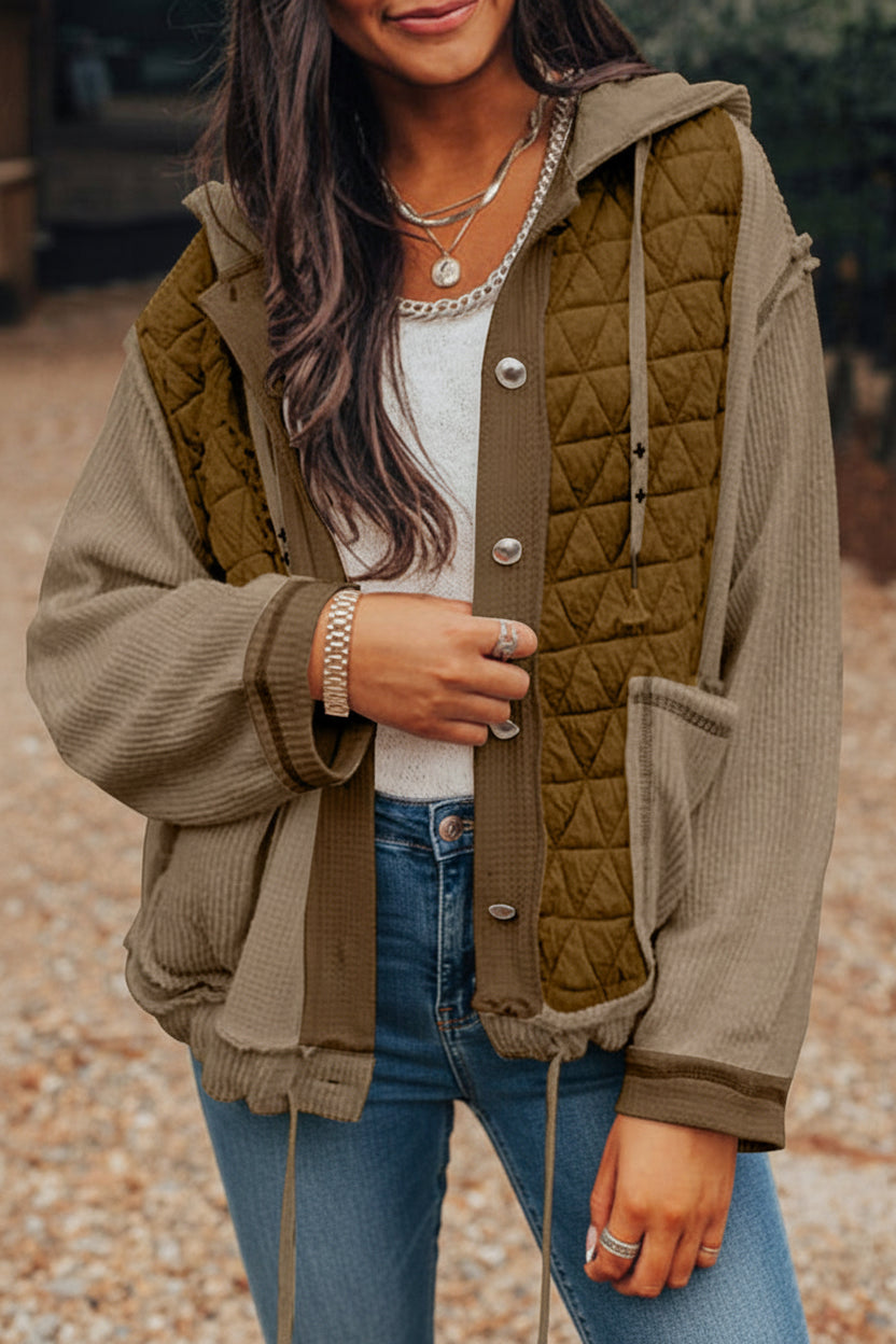 Light Blue Quilted Textured Patchwork Loose Fit Hooded Jacket
