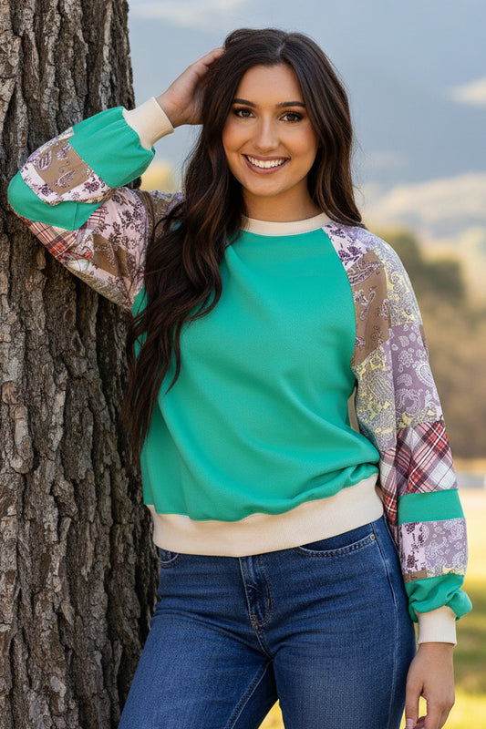 Aruba Blue Plaid Vintage Paisley Patchwork Long Sleeve Raglan Top