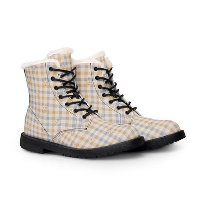 Plaid Fur-Lined Leather Boots — Women's Cozy Winter Lace-Up Boots