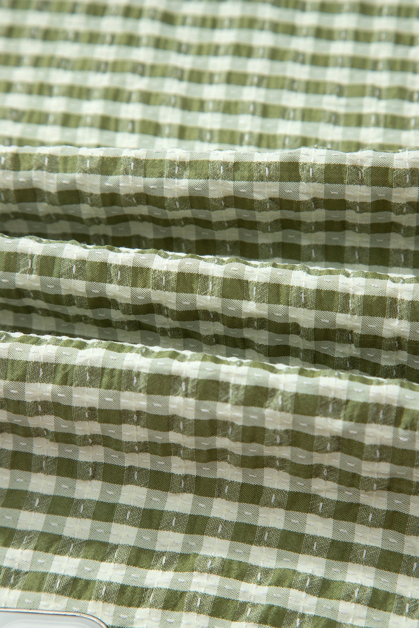Gingham Plaid Colorblock Trim Split Neck Blouse