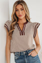Stripe Double Ruffle Short Sleeve V-Neck Blouse